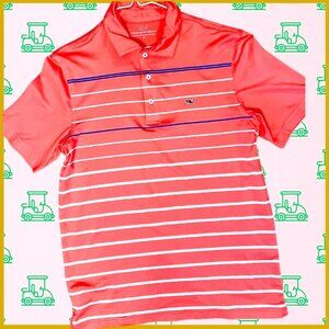 Vineyard Vines Performance Golf Polo Vibrant Coral Pink/White stripes, (Size S)